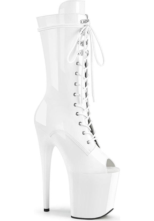 FLAMINGO-1051 [Patent White] | PLATFORM BOOTS [PREORDER] - Beserk - all, boot, boots, boots [preorder], clickfrenzy15-2023, dec20, discountapp, fp, heel, heels, heels [preorder], labelpreorder, labelvegan, lace up, open toe, patent, platform, platform boots, platform heels, platforms, platforms [preorder], pleaser, ppo, preorder, shoe, shoes, vegan, white