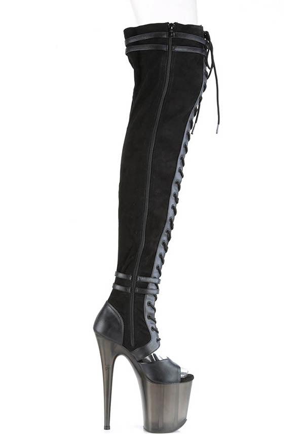FLAMINGO-3027 [Black] | PLATFORM HEELS [PREORDER] - Beserk - all, black, boot, boots, boots [preorder], clickfrenzy15-2023, discountapp, fetish, fp, heels, heels [preorder], knee high boots, labelpreorder, labelvegan, lace up, ladies, long boots, platform, platform heels, platforms, platforms [preorder], pleaser, pole, pole dancing, ppo, preorder, shoes, stripper, thigh high boots, vegan