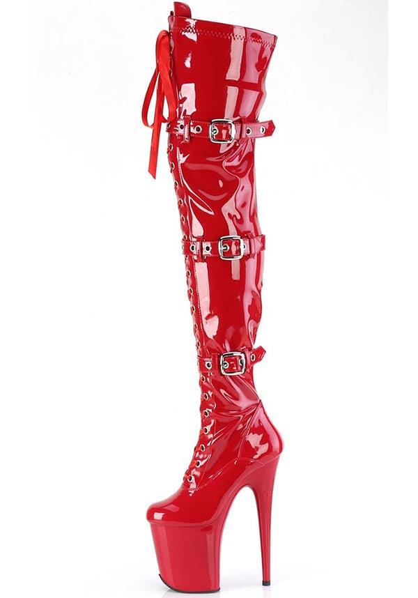FLAMINGO-3028 [Red] | PLATFORM HEELS [PREORDER] - Beserk - all, boot, boots, boots [preorder], buckle, buckles, clickfrenzy15-2023, discountapp, fp, googleshopping, heel, heeled, heeled boots, heels, heels [preorder], labelpreorder, labelvegan, lace up, long boots, platform boots, platform heels, pleaser, pole, pole dancing, ppo, red, shoes, stripper, thigh high boots, vegan