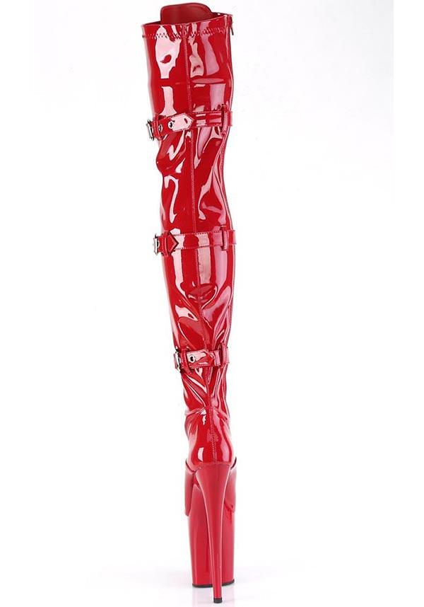 FLAMINGO-3028 [Red] | PLATFORM HEELS [PREORDER] - Beserk - all, boot, boots, boots [preorder], buckle, buckles, clickfrenzy15-2023, discountapp, fp, googleshopping, heel, heeled, heeled boots, heels, heels [preorder], labelpreorder, labelvegan, lace up, long boots, platform boots, platform heels, pleaser, pole, pole dancing, ppo, red, shoes, stripper, thigh high boots, vegan