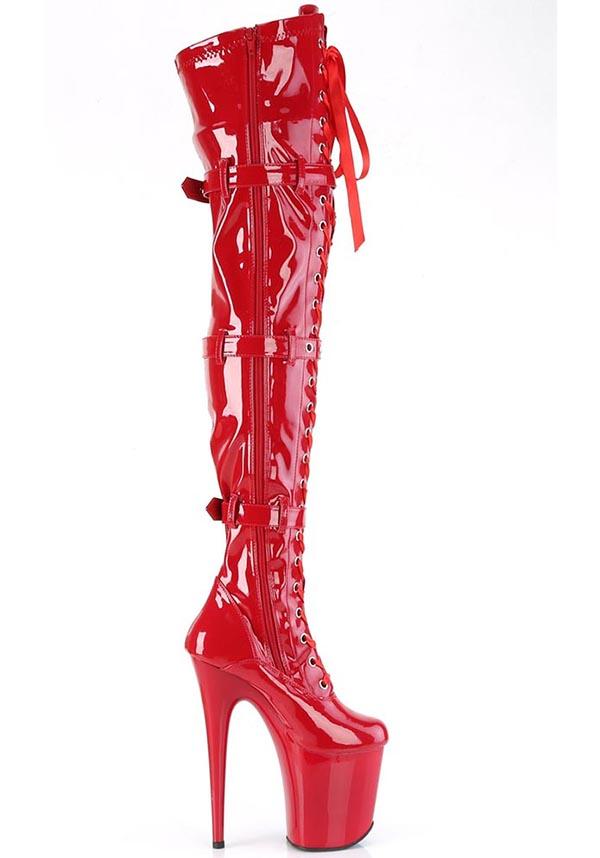 FLAMINGO-3028 [Red] | PLATFORM HEELS [PREORDER] - Beserk - all, boot, boots, boots [preorder], buckle, buckles, clickfrenzy15-2023, discountapp, fp, googleshopping, heel, heeled, heeled boots, heels, heels [preorder], labelpreorder, labelvegan, lace up, long boots, platform boots, platform heels, pleaser, pole, pole dancing, ppo, red, shoes, stripper, thigh high boots, vegan