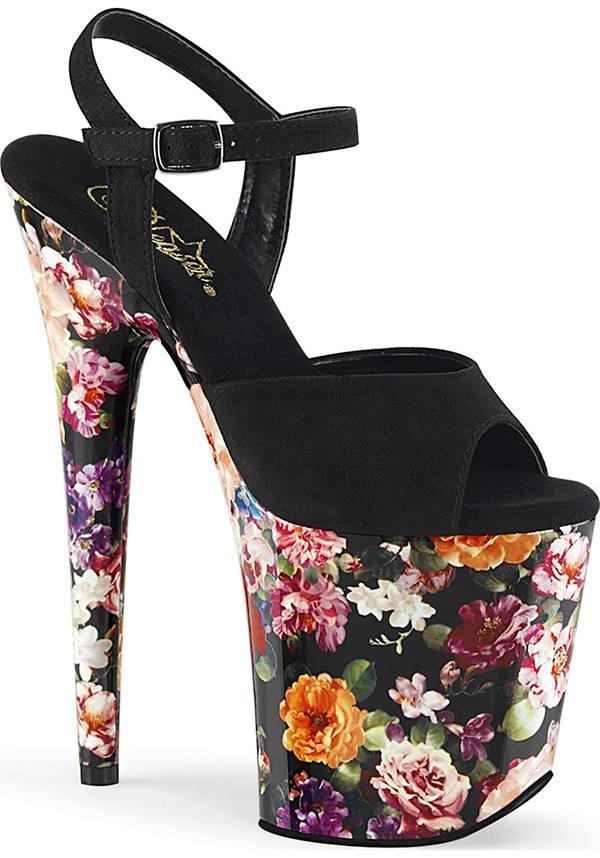 FLAMINGO-809WR [Black Suede/Flower Print] | PLATFORM HEELS [PREORDER] - Beserk - all, black, clickfrenzy15-2023, discountapp, floral, flower, flowers, fp, heels, heels [preorder], labelpreorder, labelvegan, ladies, multicolour, oct19, platform, platform heels, platforms, platforms [preorder], pleaser, pleaserslow, ppo, preorder, shoes, vegan