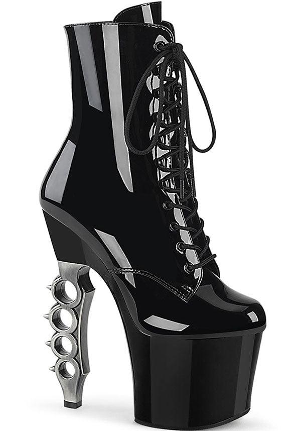 IRONGRIP-1020 [Black Pat] | PLATFORM HEELS [PREORDER] - Beserk - all, ankle boots, black, boot, boots, boots [preorder], clickfrenzy15-2023, discountapp, fp, heels, heels [preorder], kinky, knuckle duster, labelpreorder, labelvegan, lace up, ladies, platform, platform heels, platforms, platforms [preorder], pleaser, pole, pole dancing, ppo, preorder, shoes, stripper, vegan