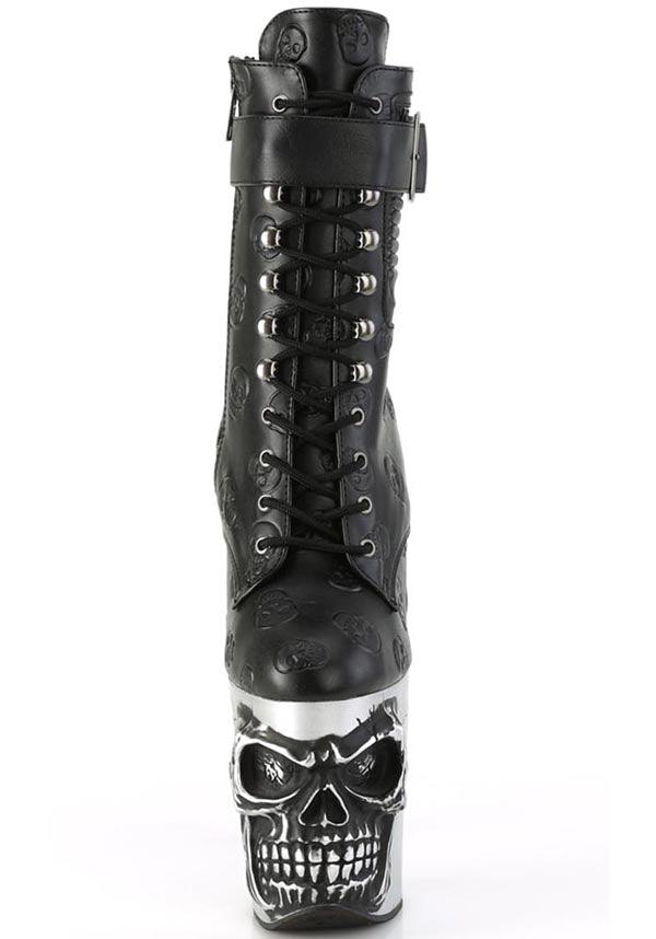 RAPTURE-1020STR-02 [Black Faux Leather] | PLATFORM BOOTS [PREORDER] - Beserk - all, ankle boots, black, boots, boots [preorder], clickfrenzy15-2023, discountapp, fp, googleshopping, goth, gothic, heels, heels [preorder], labelpreorder, labelvegan, platform, platform boots, platform heels, platforms, platforms [preorder], pleaser, pole, pole dancing, ppo, preorder, shoes, skull, skulls, stripper, vegan