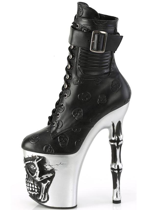 RAPTURE-1020STR-02 [Black Faux Leather] | PLATFORM BOOTS [PREORDER] - Beserk - all, ankle boots, black, boots, boots [preorder], clickfrenzy15-2023, discountapp, fp, googleshopping, goth, gothic, heels, heels [preorder], labelpreorder, labelvegan, platform, platform boots, platform heels, platforms, platforms [preorder], pleaser, pole, pole dancing, ppo, preorder, shoes, skull, skulls, stripper, vegan
