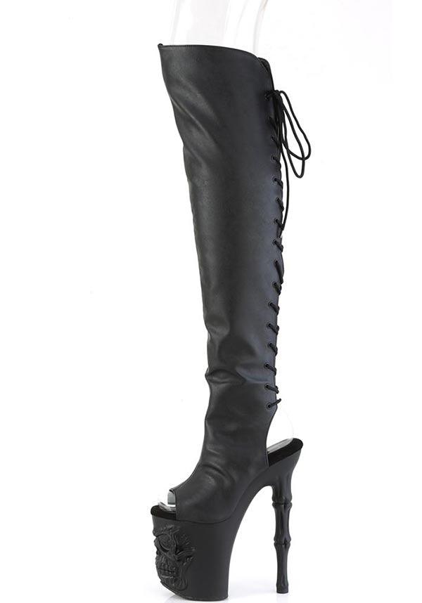 RAPTURE-3019 [Black Faux Leather] | PLATFORM BOOTS [PREORDER] - Beserk - all, black, boots, boots [preorder], clickfrenzy15-2023, discountapp, fp, googleshopping, goth, gothic, heels, heels [preorder], labelpreorder, labelvegan, long boots, platform boots, platform heels, platforms, platforms [preorder], pleaser, pole, pole dancing, ppo, preorder, shoes, skull, skulls, stripper, thigh high boots, vegan