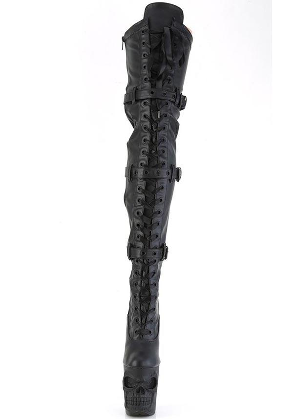 RAPTURE-3028 [Black Faux] | PLATFORM HEELS [PREORDER] - Beserk - all, black, boots, boots [preorder], clickfrenzy15-2023, discountapp, fp, goth, gothic, heels, heels [preorder], knee high boots, labelpreorder, labelvegan, lace up, long boots, platform, platform boots, platform heels, platforms, platforms [preorder], pleaser, pole, pole dancing, ppo, preorder, shoes, skull, stripper, thigh high boots, vegan