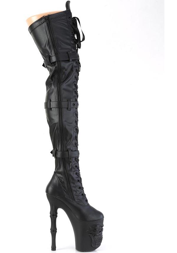 RAPTURE-3028 [Black Faux] | PLATFORM HEELS [PREORDER] - Beserk - all, black, boots, boots [preorder], clickfrenzy15-2023, discountapp, fp, goth, gothic, heels, heels [preorder], knee high boots, labelpreorder, labelvegan, lace up, long boots, platform, platform boots, platform heels, platforms, platforms [preorder], pleaser, pole, pole dancing, ppo, preorder, shoes, skull, stripper, thigh high boots, vegan