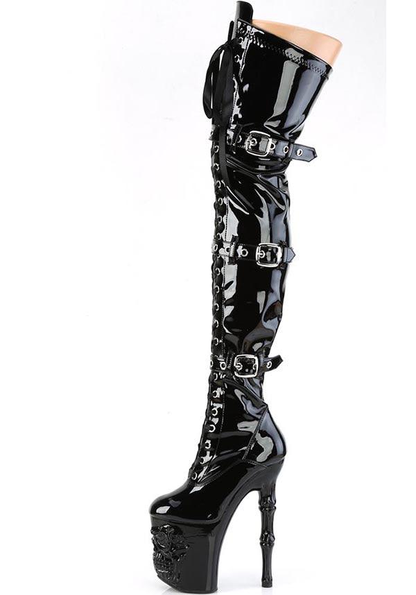 RAPTURE-3028 [Black Patent] | PLATFORM HEELS [PREORDER] - Beserk - all, black, boots, boots [preorder], clickfrenzy15-2023, discountapp, fp, goth, gothic, heels, heels [preorder], knee high boots, labelpreorder, labelvegan, lace up, long boots, patent, platform boots, platform heels, platforms, platforms [preorder], pleaser, ppo, preorder, shoes, skull, thigh high boots, vegan