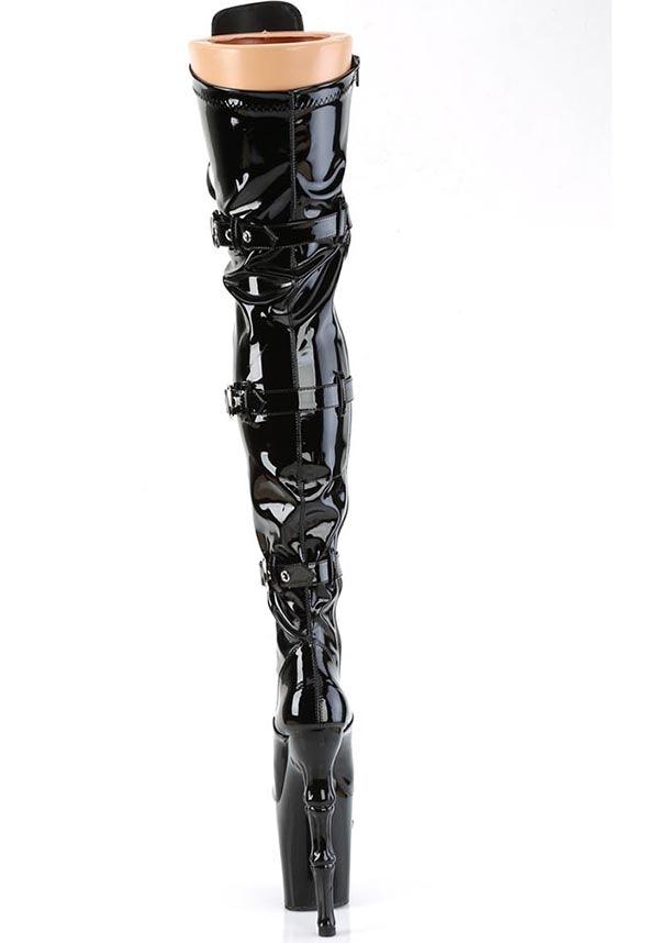 RAPTURE-3028 [Black Patent] | PLATFORM HEELS [PREORDER] - Beserk - all, black, boots, boots [preorder], clickfrenzy15-2023, discountapp, fp, goth, gothic, heels, heels [preorder], knee high boots, labelpreorder, labelvegan, lace up, long boots, patent, platform boots, platform heels, platforms, platforms [preorder], pleaser, ppo, preorder, shoes, skull, thigh high boots, vegan