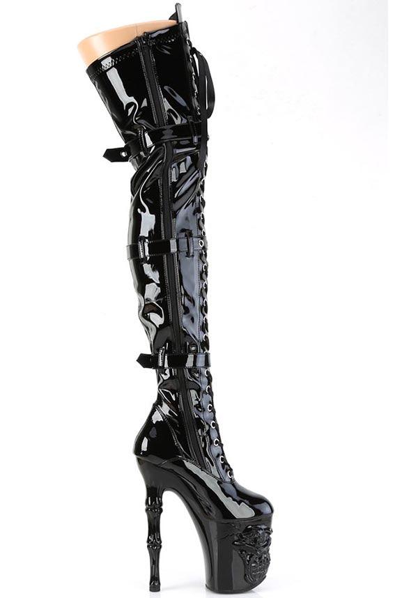 RAPTURE-3028 [Black Patent] | PLATFORM HEELS [PREORDER] - Beserk - all, black, boots, boots [preorder], clickfrenzy15-2023, discountapp, fp, goth, gothic, heels, heels [preorder], knee high boots, labelpreorder, labelvegan, lace up, long boots, patent, platform boots, platform heels, platforms, platforms [preorder], pleaser, ppo, preorder, shoes, skull, thigh high boots, vegan