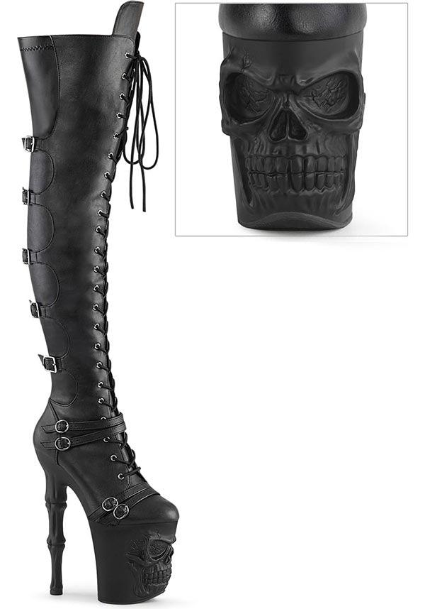 RAPTURE-3045 [Black Faux Leather] | PLATFORM BOOTS [PREORDER] - Beserk - all, boots, boots [preorder], clickfrenzy15-2023, discountapp, fp, googleshopping, goth, gothic, heels, heels [preorder], knee high boots, labelpreorder, labelvegan, long boots, platform, platform boots, platform heels, platforms, platforms [preorder], pleaser, pole, pole dancing, ppo, preorder, shoes, skull, skulls, stripper, thigh high boots, vegan