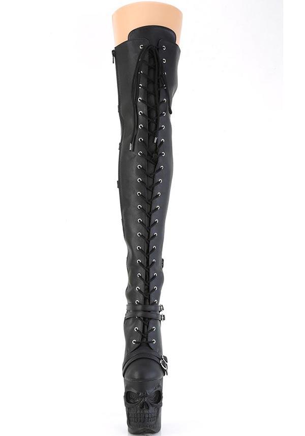 RAPTURE-3045 [Black Faux Leather] | PLATFORM BOOTS [PREORDER] - Beserk - all, boots, boots [preorder], clickfrenzy15-2023, discountapp, fp, googleshopping, goth, gothic, heels, heels [preorder], knee high boots, labelpreorder, labelvegan, long boots, platform, platform boots, platform heels, platforms, platforms [preorder], pleaser, pole, pole dancing, ppo, preorder, shoes, skull, skulls, stripper, thigh high boots, vegan