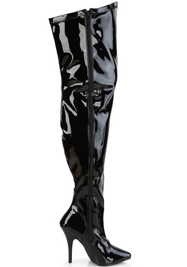 SEDUCE-3000WC [Black Pat] | WIDE CALF BOOTS [PREORDER] - Beserk - all, black, boots, boots [preorder], clickfrenzy15-2023, discountapp, fp, heeled boots, heels, heels [preorder], knee high boots, labelpreorder, labelvegan, long boots, patent, plus size, ppo, preorder, shoes, thigh high boots, vegan, wide calf