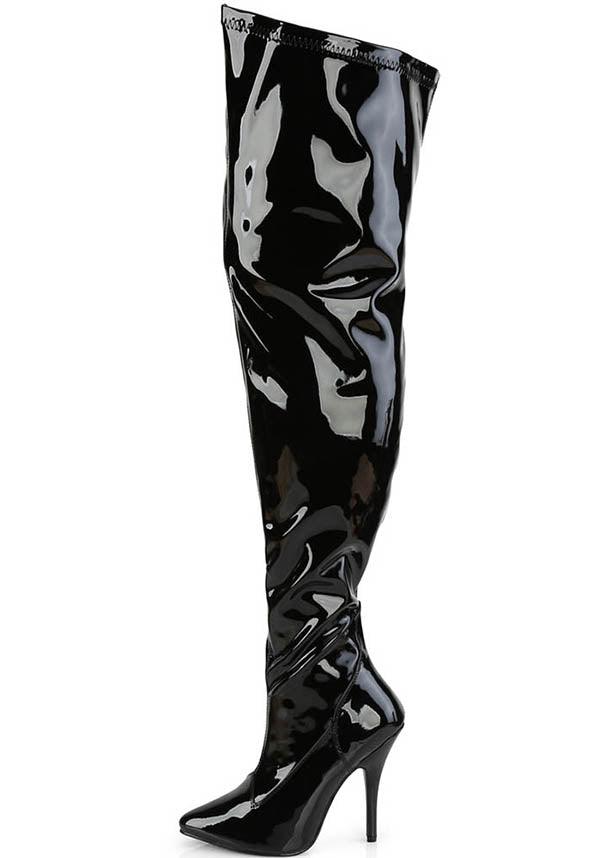 SEDUCE-3000WC [Black Pat] | WIDE CALF BOOTS [PREORDER] - Beserk - all, black, boots, boots [preorder], clickfrenzy15-2023, discountapp, fp, heeled boots, heels, heels [preorder], knee high boots, labelpreorder, labelvegan, long boots, patent, plus size, ppo, preorder, shoes, thigh high boots, vegan, wide calf