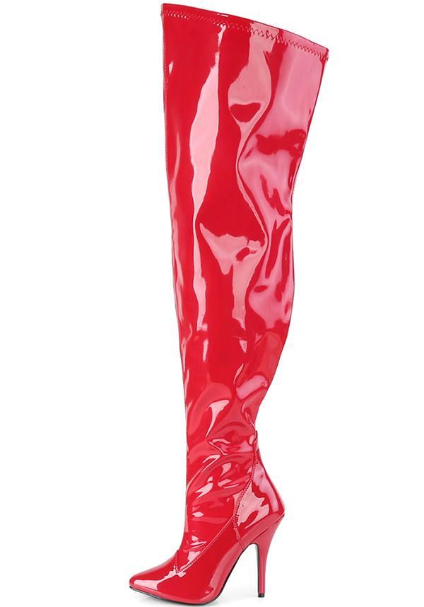 SEDUCE-3000WC [Red Pat] | WIDE CALF BOOTS [PREORDER] - Beserk - all, boots, boots [preorder], clickfrenzy15-2023, discountapp, fp, heeled boots, heels, heels [preorder], knee high boots, labelpreorder, labelvegan, long boots, patent, plus size, ppo, preorder, red, shoes, thigh high boots, vegan, wide calf