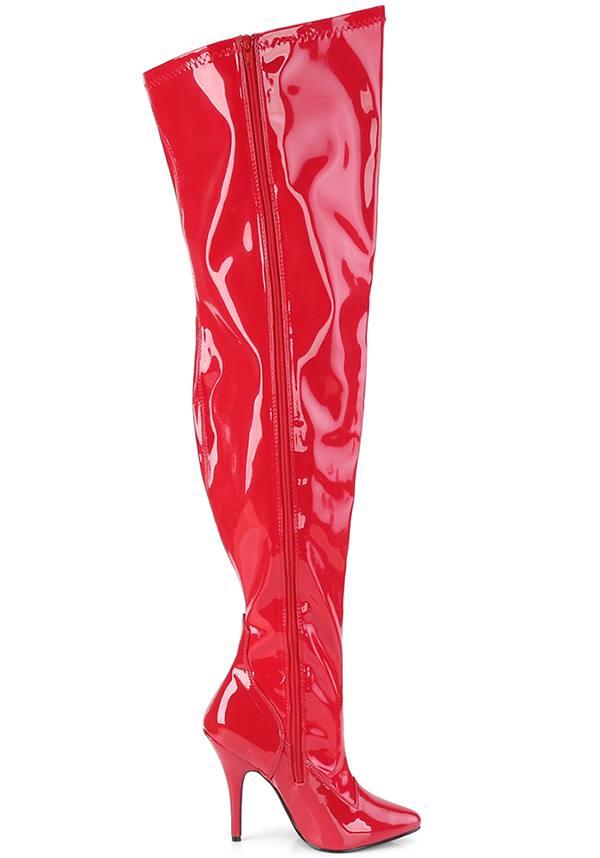 SEDUCE-3000WC [Red Pat] | WIDE CALF BOOTS [PREORDER] - Beserk - all, boots, boots [preorder], clickfrenzy15-2023, discountapp, fp, heeled boots, heels, heels [preorder], knee high boots, labelpreorder, labelvegan, long boots, patent, plus size, ppo, preorder, red, shoes, thigh high boots, vegan, wide calf