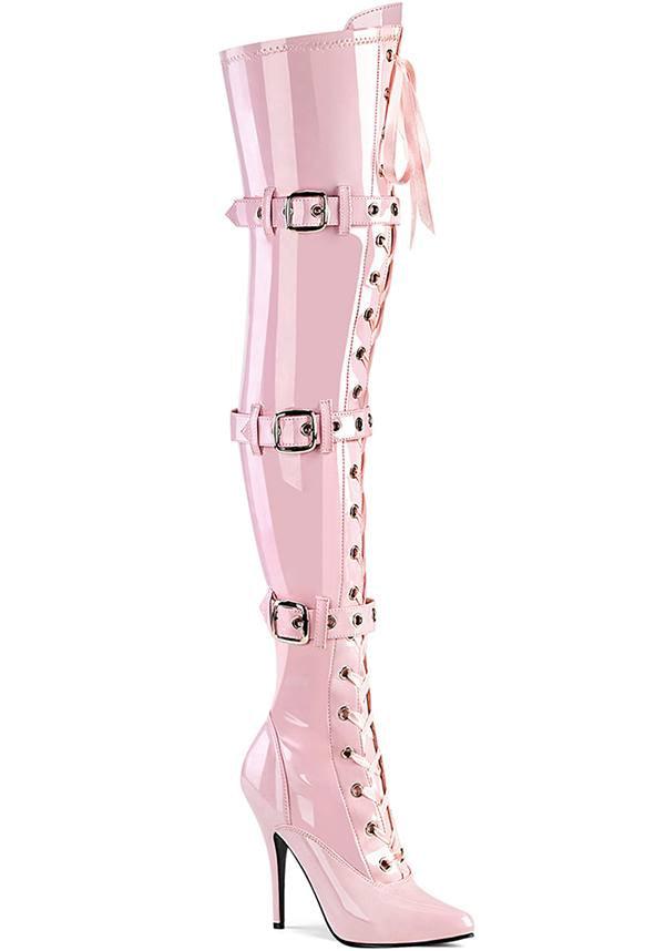 SEDUCE-3028 [Baby Pink] | THIGH HIGH BOOTS [PREORDER] - Beserk - all, boots, boots [preorder], buckle, buckle up, buckles, clickfrenzy15-2023, discountapp, fp, heels, heels [preorder], knee high boots, labelpreorder, labelvegan, lace up, long boots, pink, pleaser, ppo, preorder, shoes, thigh high boots, vegan