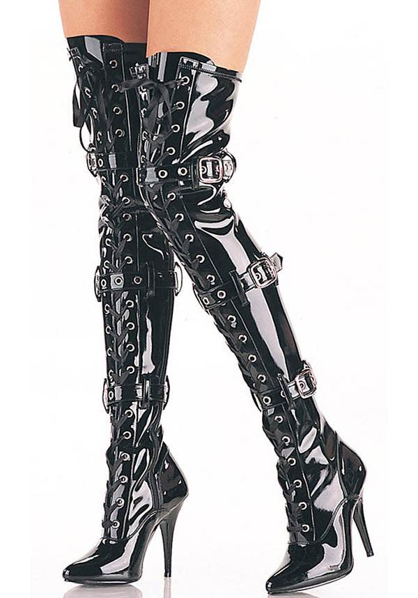 SEDUCE-3028 [Black Patent] | THIGH HIGH BOOTS [PREORDER] - Beserk - all, all ladies, black, boot, boots, boots [preorder], buckle, buckles, clickfrenzy15-2023, discountapp, fp, heels, heels [preorder], knee high boots, labelpreorder, labelvegan, lace up, ladies, long boots, pleaser, ppo, preorder, shoes, stripper, thigh high boots, vegan