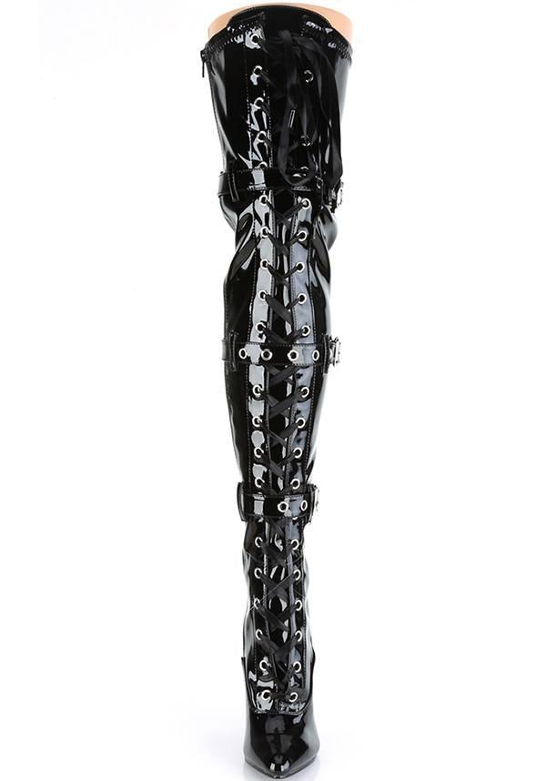 SEDUCE-3028 [Black Patent] | THIGH HIGH BOOTS [PREORDER] - Beserk - all, all ladies, black, boot, boots, boots [preorder], buckle, buckles, clickfrenzy15-2023, discountapp, fp, heels, heels [preorder], knee high boots, labelpreorder, labelvegan, lace up, ladies, long boots, pleaser, ppo, preorder, shoes, stripper, thigh high boots, vegan