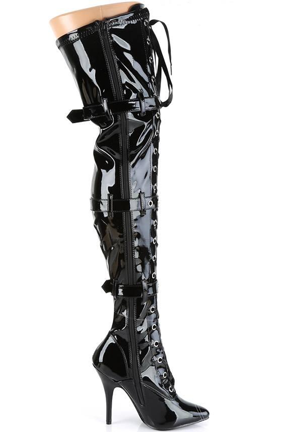 SEDUCE-3028 [Black Patent] | THIGH HIGH BOOTS [PREORDER] - Beserk - all, all ladies, black, boot, boots, boots [preorder], buckle, buckles, clickfrenzy15-2023, discountapp, fp, heels, heels [preorder], knee high boots, labelpreorder, labelvegan, lace up, ladies, long boots, pleaser, ppo, preorder, shoes, stripper, thigh high boots, vegan