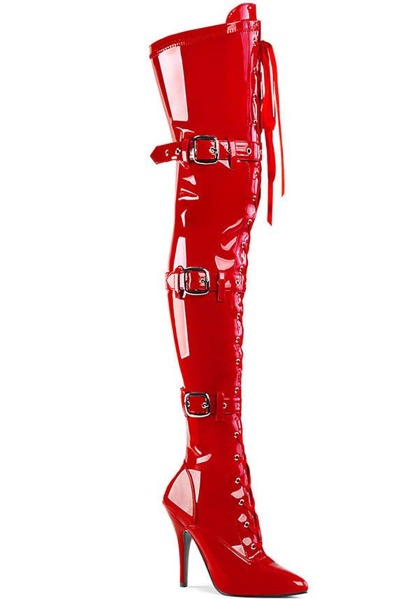 SEDUCE-3028 [Red] | THIGH HIGH BOOTS [PREORDER] - Beserk - all, boots, boots [preorder], buckle, buckle up, buckles, clickfrenzy15-2023, discountapp, fetish, fp, heels, heels [preorder], kink, kinky, knee high boots, labelpreorder, labelvegan, lace up, long boots, patent, pleaser, ppo, preorder, red, shiny, shoes, thigh high boots, vegan