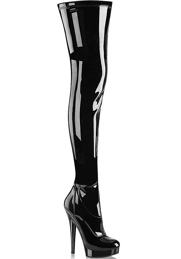 SULTRY-4000 [Black Patent] | Platform Boots [PREORDER] - Beserk - all, all ladies, black, boots, boots [preorder], clickfrenzy15-2023, discountapp, fp, heel, heels, heels [preorder], knee high boots, labelpreorder, labelvegan, ladies, long boots, patent, platform, platform boots, platform heels, platforms, platforms [preorder], pleaser, ppo, preorder, shoes, thigh high boots, vegan