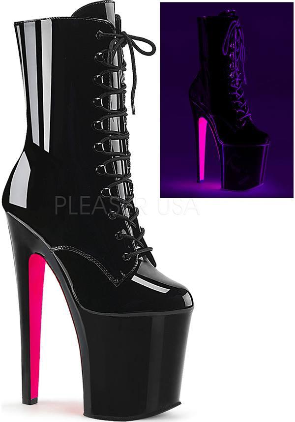 XTREME-1020TT [Patent Black/Neon Pink] | PLATFORM BOOTS [PREORDER] - Beserk - all, black, boots, boots [preorder], clickfrenzy15-2023, discountapp, fp, heels, heels [preorder], jan19, labelpreorder, labelvegan, ladies, pink, platform heels, platforms, platforms [preorder], pleaser, ppo, preorder, shiny, shoes, vegan