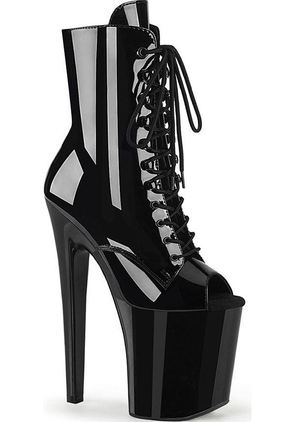 XTREME-1021 [Black Pat] | PLATFORM HEELS [PREORDER] - Beserk - all, ankle boots, black, boots, boots [preorder], clickfrenzy15-2023, discountapp, fetish, fp, heels, heels [preorder], labelpreorder, labelvegan, lace up, ladies, patent, peep toe, peeptoe, platform, platform heels, platforms, platforms [preorder], pleaser, pole, pole dancing, ppo, preorder, shoes, stripper, vegan