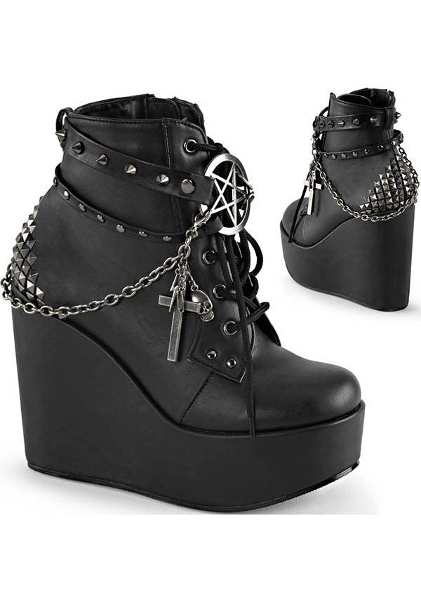 POISON-101 [Black] | PLATFORM BOOTS [PREORDER] - Beserk - all, black, boots, boots [preorder], clickfrenzy15-2023, demonia, demonia shoes, discountapp, fp, goth, gothic, labelpreorder, labelvegan, pentacle, pentagram, platforms, platforms [preorder], pleaserimageupdated, post apocalyptic, ppo, preorder, pricematched, shoes, skull, vegan, wedge, wedges