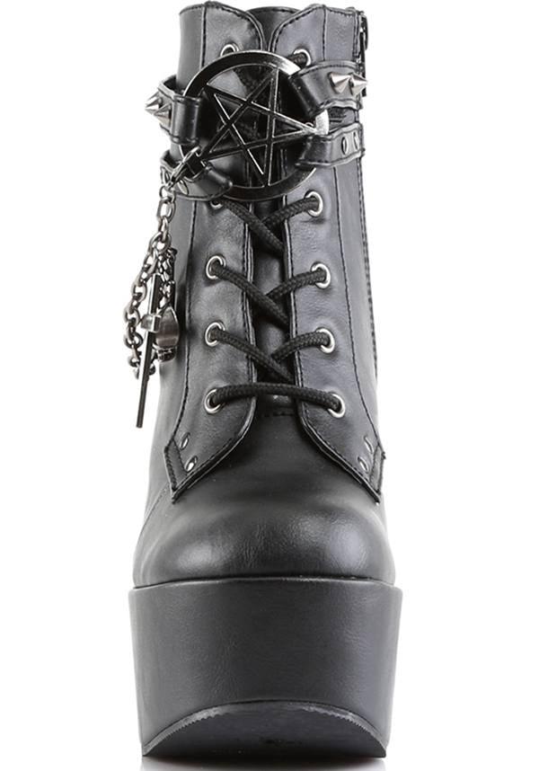 POISON-101 [Black] | PLATFORM BOOTS [PREORDER] - Beserk - all, black, boots, boots [preorder], clickfrenzy15-2023, demonia, demonia shoes, discountapp, fp, goth, gothic, labelpreorder, labelvegan, pentacle, pentagram, platforms, platforms [preorder], pleaserimageupdated, post apocalyptic, ppo, preorder, pricematched, shoes, skull, vegan, wedge, wedges