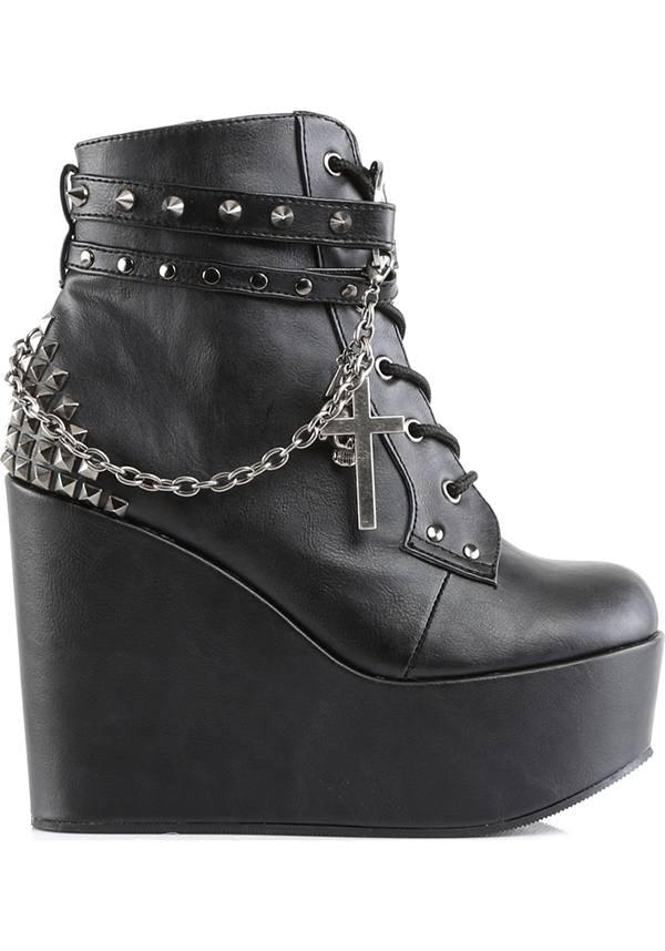 POISON-101 [Black] | PLATFORM BOOTS [PREORDER] - Beserk - all, black, boots, boots [preorder], clickfrenzy15-2023, demonia, demonia shoes, discountapp, fp, goth, gothic, labelpreorder, labelvegan, pentacle, pentagram, platforms, platforms [preorder], pleaserimageupdated, post apocalyptic, ppo, preorder, pricematched, shoes, skull, vegan, wedge, wedges