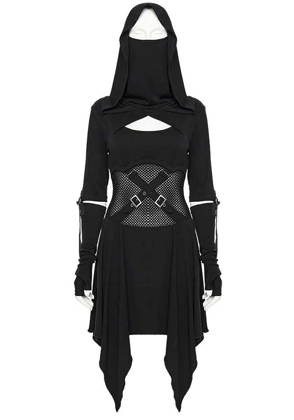 Black outfit with cut-out design on a white background