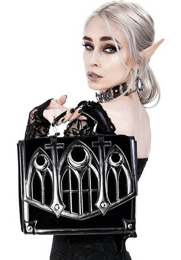 Cathedral Crescent | HANDBAG - Beserk - accessories, all, bag, black, clickfrenzy15-2023, crescent moon, discountapp, fp, gothic accessories, gothic bag, hand bag, handbag, handbags and purses, jan21, labelvegan, ladies accessories, large bag, messenger bag, moon, restyle, vegan, witch, witches, witchy