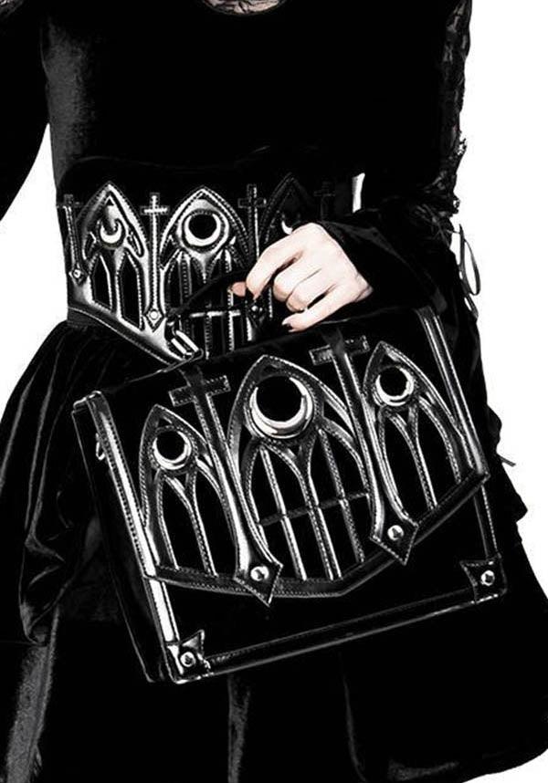 Cathedral Crescent | HANDBAG - Beserk - accessories, all, bag, black, clickfrenzy15-2023, crescent moon, discountapp, fp, gothic accessories, gothic bag, hand bag, handbag, handbags and purses, jan21, labelvegan, ladies accessories, large bag, messenger bag, moon, restyle, vegan, witch, witches, witchy