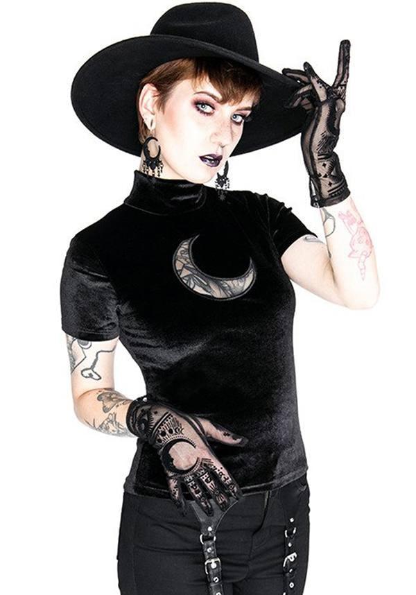 Crescent Mesh | Velvet TOP - Beserk - all, all clothing, all ladies, all ladies clothing, black, christmas clothing, clickfrenzy15-2023, clothing, discountapp, edgy, fp, gothic, halloween, halloween clothing, high neck, ladies, ladies clothing, moon, restyle, sep19, shirt, top, tops, tshirt, tshirts and tops, turtle neck, winter, winter clothing