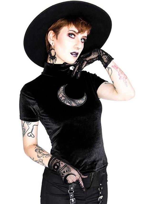 Crescent Mesh | Velvet TOP - Beserk - all, all clothing, all ladies, all ladies clothing, black, christmas clothing, clickfrenzy15-2023, clothing, discountapp, edgy, fp, gothic, halloween, halloween clothing, high neck, ladies, ladies clothing, moon, restyle, sep19, shirt, top, tops, tshirt, tshirts and tops, turtle neck, winter, winter clothing