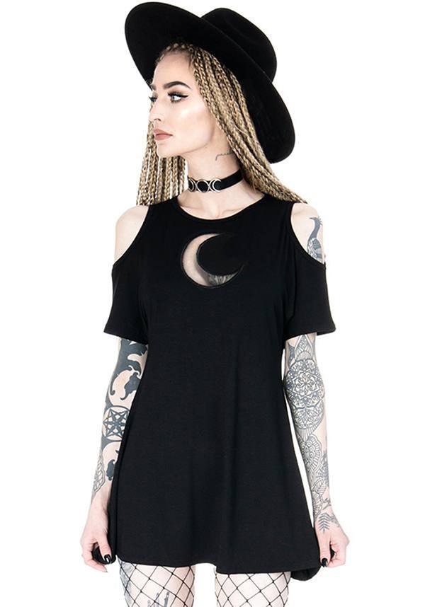 Crescent | TUNIC DRESS - Beserk - a line, all, all clothing, all ladies, all ladies clothing, black, clickfrenzy15-2023, clothing, cold shoulder, crescent moon, discountapp, dress, dressapril25, dresses, edgy, emo, fp, gothic, ladies, ladies clothing, mini, moon, nov18, plus, plus size, restyle, tunic