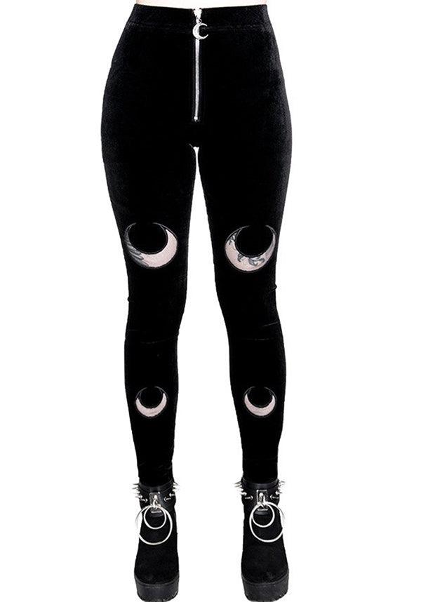 Double Crescent Velvet | LEGGINGS - Beserk - all, all clothing, all ladies, all ladies clothing, black, clickfrenzy15-2023, clothing, crescent moon, discountapp, edgy, fp, gothic, ladies, ladies clothing, ladies pants, ladies pants and shorts, leggings, moon, nov19, pants, pricematchedsg, repriced030523, restyle