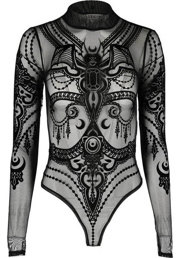 Jewel Bat | MESH BODYSUIT - Beserk - all, all clothing, all ladies clothing, bat, bead, black, bodysuit, clickfrenzy15-2023, clothing, crescent moon, discountapp, edgy, fetish, fp, geometric, goth, gothic, high neck, ladies, ladies clothing, lingerie, long sleeve, mar21, mesh, moon, restyle, see through, sheer, shirt, top, tops, tshirts and tops, turtle neck, winter, winter clothing, witch, witchy