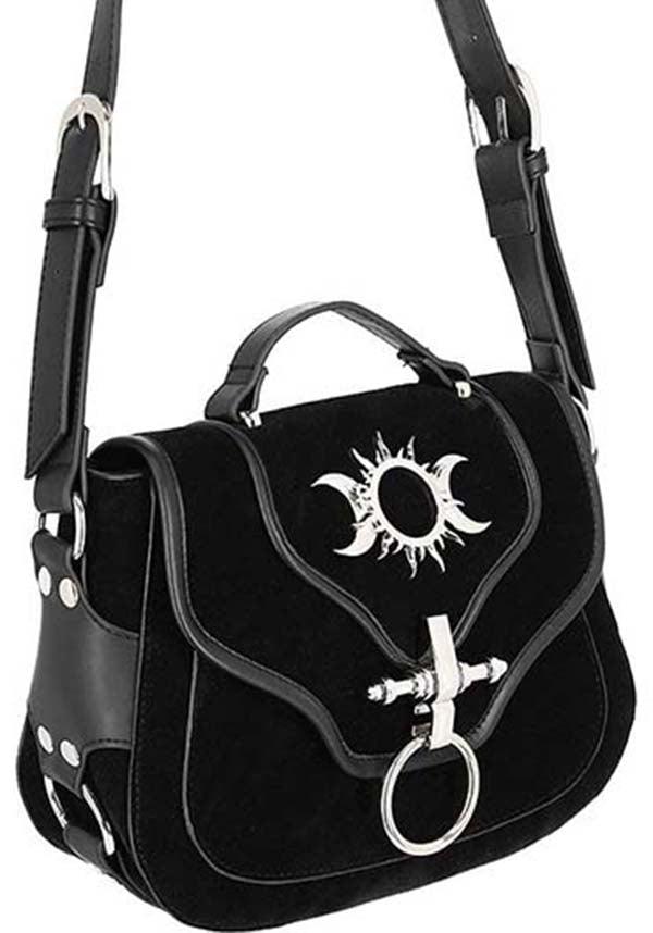 Triple Goddess | BAG - Beserk - accessories, adjustable strap, all, bag, black, clickfrenzy15-2023, crescent moon, discountapp, fp, full moon, goth, gothic, gothic accessories, handbag, handbags and purses, labelvegan, ladies, ladies accessories, moon, oct19, restyle, sun, triple moon, vegan, velvet, witch, witchy