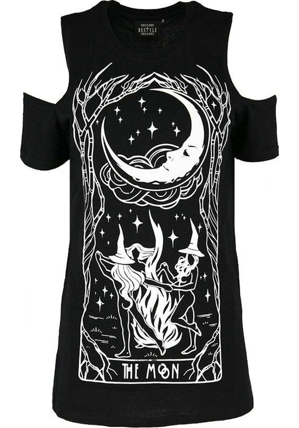 Witches Chant | Cold Shoulder T-SHIRT - Beserk - all, all clothing, all ladies, all ladies clothing, aug19, black, clickfrenzy15-2023, clothing, cold shoulder, discountapp, edgy, fp, gothic, ladies, ladies clothing, ladies shirt, ladies tshirt, moon, restyle, shirt, shirts, t-shirt, tarot, tees and shirt, tees and shirts, top, tops, tshirt, tshirts, tshirts and tops, witch, witches, womens shirt, womens shirts