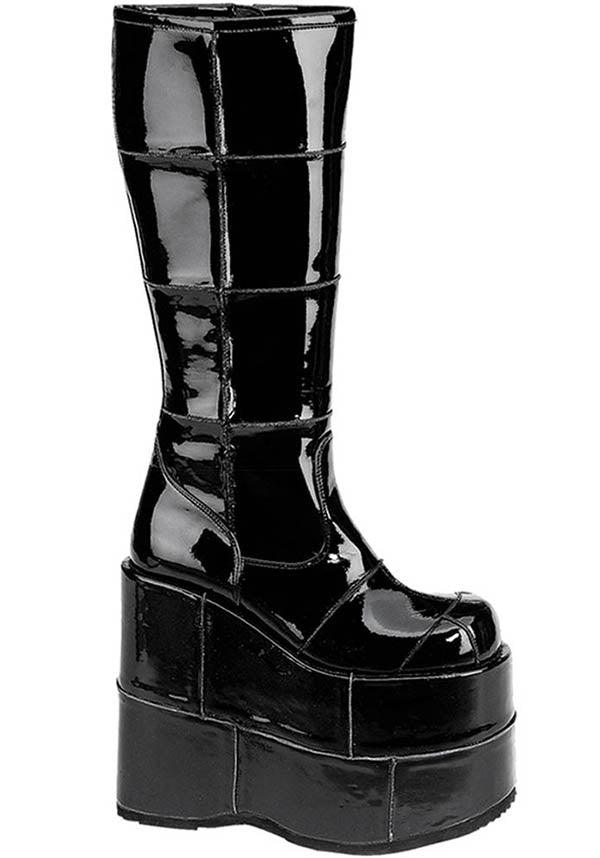 STACK-301 [Black] | PLATFORM BOOTS [PREORDER] - Beserk - all, black, boots, boots [preorder], clickfrenzy15-2023, cyber, demonia, demonia shoes, discountapp, fp, gogo, goth, labelpreorder, labelvegan, mens shoes, patent, platform boots, platforms, platforms [preorder], pleaserimageupdated, ppo, preorder, punk, shiny, shoes, vegan