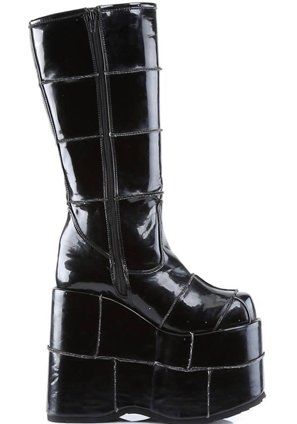 STACK-301 [Black] | PLATFORM BOOTS [PREORDER] - Beserk - all, black, boots, boots [preorder], clickfrenzy15-2023, cyber, demonia, demonia shoes, discountapp, fp, gogo, goth, labelpreorder, labelvegan, mens shoes, patent, platform boots, platforms, platforms [preorder], pleaserimageupdated, ppo, preorder, punk, shiny, shoes, vegan