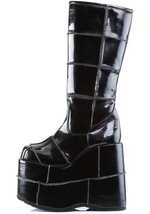 STACK-301 [Black] | PLATFORM BOOTS [PREORDER] - Beserk - all, black, boots, boots [preorder], clickfrenzy15-2023, cyber, demonia, demonia shoes, discountapp, fp, gogo, goth, labelpreorder, labelvegan, mens shoes, patent, platform boots, platforms, platforms [preorder], pleaserimageupdated, ppo, preorder, punk, shiny, shoes, vegan