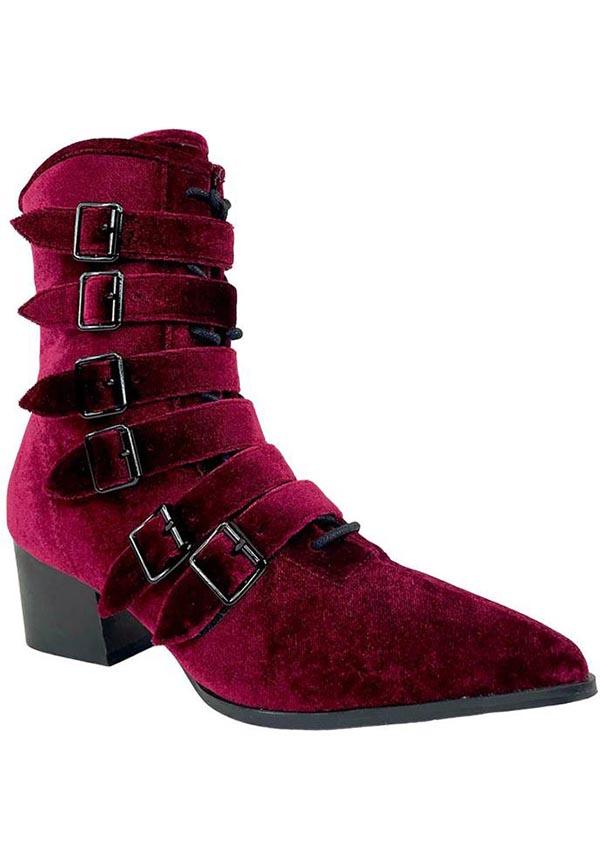 Coven [Burgundy Velvet] | BOOTS - Beserk - all, ankle boots, boot, bootie, boots, boots [in stock], cottagecore, dark red, deep red, discountapp, exclusive, fp, googleshopping, goth, gothic, gothic gifts, heeled boots, in stock, labelexclusive, labelvegan, ladies shoes, may23, medieval, platform boots, platforms [in stock], pointed, pointed toe, R090523, red, red and black, renaissance, shoe, shoes, STR47174, strangecult, strangecvlt, vegan, velvet, velvet shoe, witch, witches, witchy