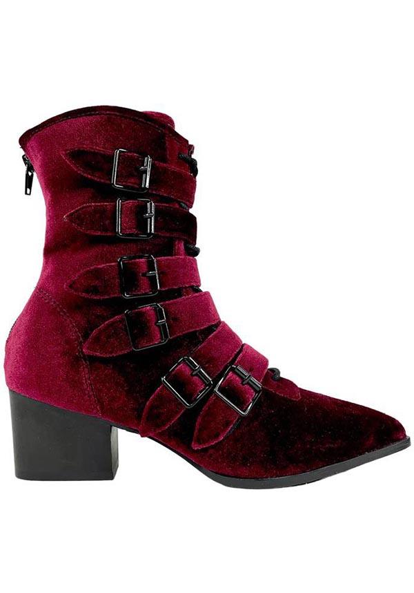 Coven [Burgundy Velvet] | BOOTS - Beserk - all, ankle boots, boot, bootie, boots, boots [in stock], cottagecore, dark red, deep red, discountapp, exclusive, fp, googleshopping, goth, gothic, gothic gifts, heeled boots, in stock, labelexclusive, labelvegan, ladies shoes, may23, medieval, platform boots, platforms [in stock], pointed, pointed toe, R090523, red, red and black, renaissance, shoe, shoes, STR47174, strangecult, strangecvlt, vegan, velvet, velvet shoe, witch, witches, witchy