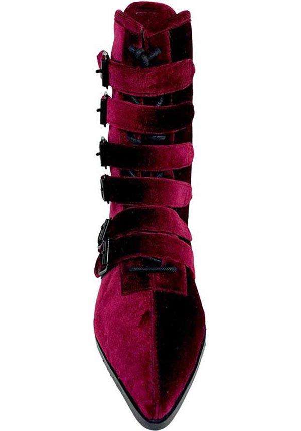 Coven [Burgundy Velvet] | BOOTS - Beserk - all, ankle boots, boot, bootie, boots, boots [in stock], cottagecore, dark red, deep red, discountapp, exclusive, fp, googleshopping, goth, gothic, gothic gifts, heeled boots, in stock, labelexclusive, labelvegan, ladies shoes, may23, medieval, platform boots, platforms [in stock], pointed, pointed toe, R090523, red, red and black, renaissance, shoe, shoes, STR47174, strangecult, strangecvlt, vegan, velvet, velvet shoe, witch, witches, witchy