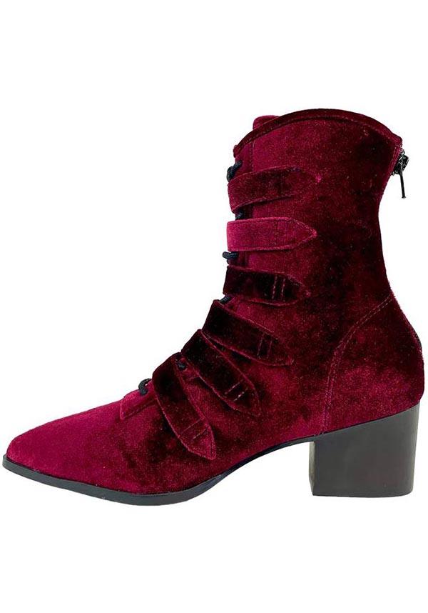 Coven [Burgundy Velvet] | BOOTS - Beserk - all, ankle boots, boot, bootie, boots, boots [in stock], cottagecore, dark red, deep red, discountapp, exclusive, fp, googleshopping, goth, gothic, gothic gifts, heeled boots, in stock, labelexclusive, labelvegan, ladies shoes, may23, medieval, platform boots, platforms [in stock], pointed, pointed toe, R090523, red, red and black, renaissance, shoe, shoes, STR47174, strangecult, strangecvlt, vegan, velvet, velvet shoe, witch, witches, witchy