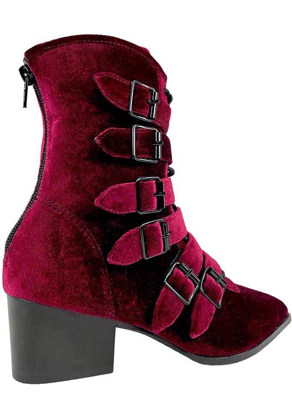 Coven [Burgundy Velvet] | BOOTS - Beserk - all, ankle boots, boot, bootie, boots, boots [in stock], cottagecore, dark red, deep red, discountapp, exclusive, fp, googleshopping, goth, gothic, gothic gifts, heeled boots, in stock, labelexclusive, labelvegan, ladies shoes, may23, medieval, platform boots, platforms [in stock], pointed, pointed toe, R090523, red, red and black, renaissance, shoe, shoes, STR47174, strangecult, strangecvlt, vegan, velvet, velvet shoe, witch, witches, witchy